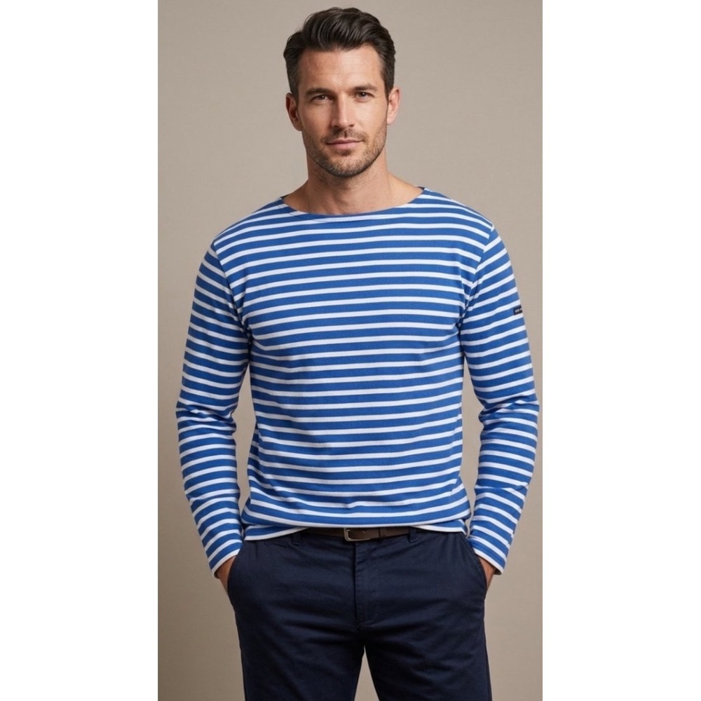 Saint James L'Atelier Mens XXL Blue White Striped Breton Long Sleeve Shirt